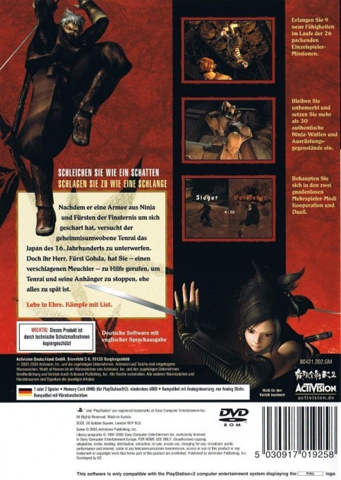 Tenchu : La Colère Divine - Dos