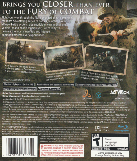 Call of Duty 3 : En Marche vers Paris dos