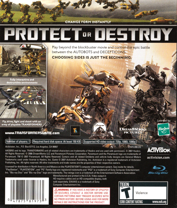 Transformers : Le Jeu - Dos