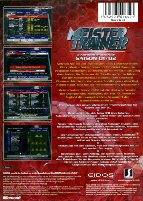 L'Entraineur Championship Manager : Saison 2001/2002 dos