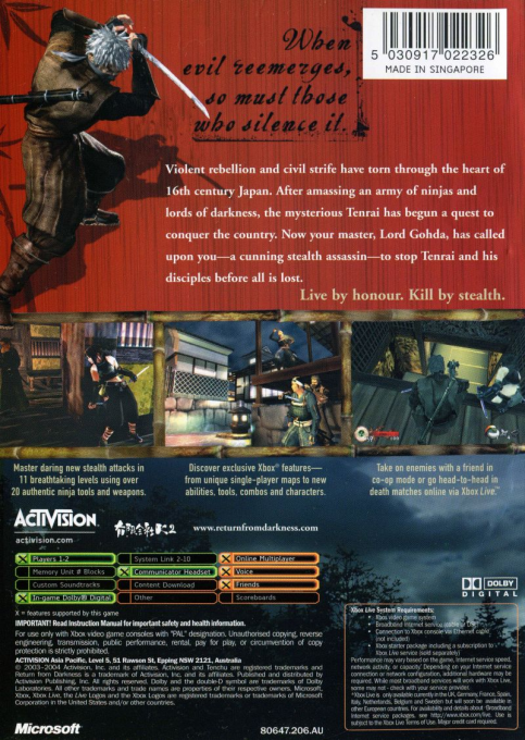 Tenchu : Le Retour Des Ténèbres dos